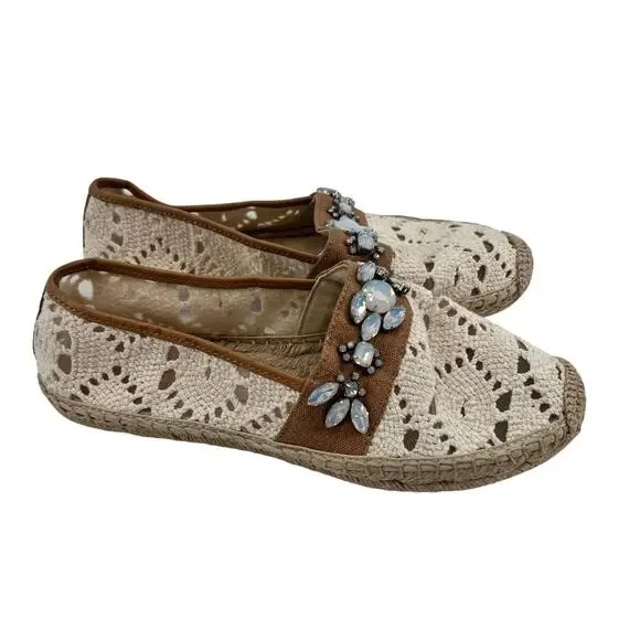 Tory Burch Cream & Tan crochet macrame Espadrilles with Blue Embellishments sz 7 - Picture 2 of 9